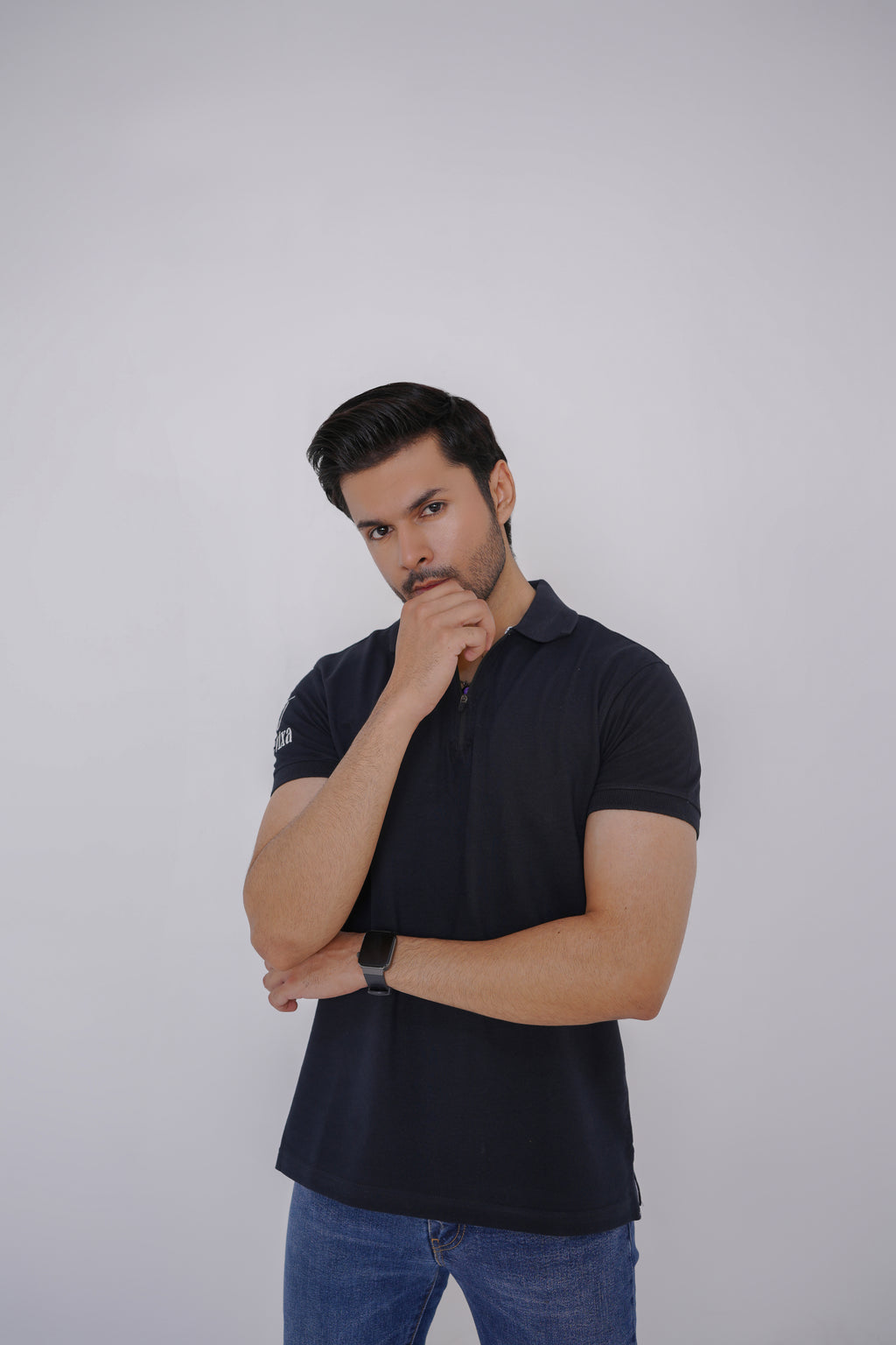 Men’s Black Zipper Pique Polo Shirt